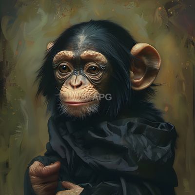 Porträt eines jungen Schimpansen in dunkler Kleidung